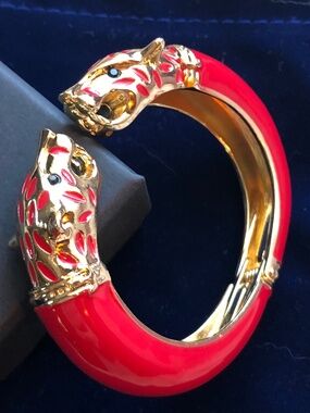 Red and gold enamel panther head bracelet